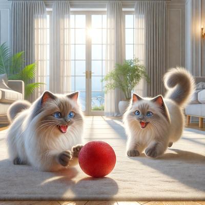 The primary subject of the image is a pair of Siamese cats playing with a red ball on a carpeted floor. The setting is a living room with a couch in the background. The visual style is a digital art or illustration, creating a lively and engaging atmosphere. The colors are predominantly white and red, with the red ball being the most prominent color in the scene.